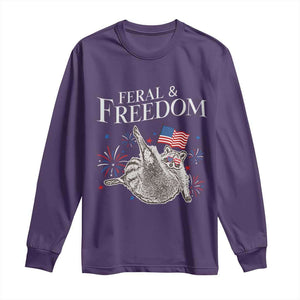 Funny Feral And Free Long Sleeve Shirt 4th of July Patriotic Raccoon With American Flag TS11 Purple Print Your Wear