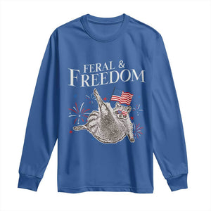 Funny Feral And Free Long Sleeve Shirt 4th of July Patriotic Raccoon With American Flag TS11 Royal Blue Print Your Wear