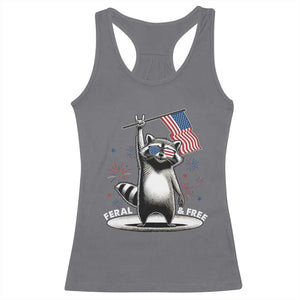 Funny Feral And Free Racerback Tank Top 4th of July Patriotic Raccoon With American Flag Fireworks TS11 Charcoal Print Your Wear