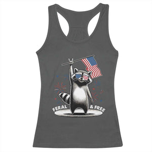 Funny Feral And Free Racerback Tank Top 4th of July Patriotic Raccoon With American Flag Fireworks TS11 Dark Heather Print Your Wear