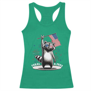 Funny Feral And Free Racerback Tank Top 4th of July Patriotic Raccoon With American Flag Fireworks TS11 Irish Green Print Your Wear
