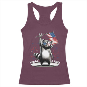 Funny Feral And Free Racerback Tank Top 4th of July Patriotic Raccoon With American Flag Fireworks TS11 Maroon Print Your Wear