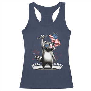 Funny Feral And Free Racerback Tank Top 4th of July Patriotic Raccoon With American Flag Fireworks TS11 Navy Print Your Wear