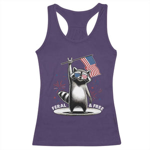 Funny Feral And Free Racerback Tank Top 4th of July Patriotic Raccoon With American Flag Fireworks TS11 Purple Print Your Wear