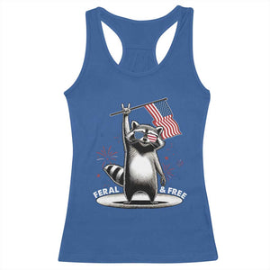 Funny Feral And Free Racerback Tank Top 4th of July Patriotic Raccoon With American Flag Fireworks TS11 Royal Blue Print Your Wear