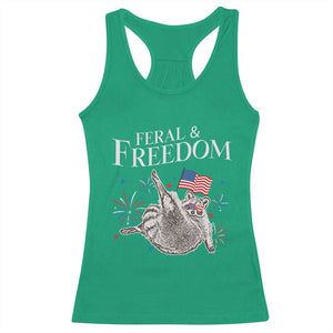 Funny Feral And Free Racerback Tank Top 4th of July Patriotic Raccoon With American Flag TS11 Irish Green Print Your Wear