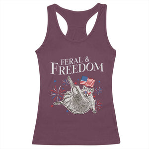 Funny Feral And Free Racerback Tank Top 4th of July Patriotic Raccoon With American Flag TS11 Maroon Print Your Wear