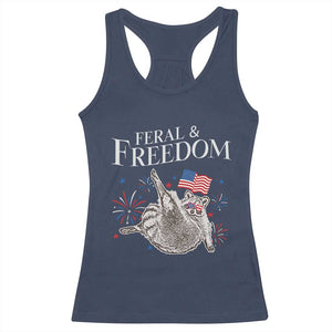 Funny Feral And Free Racerback Tank Top 4th of July Patriotic Raccoon With American Flag TS11 Navy Print Your Wear