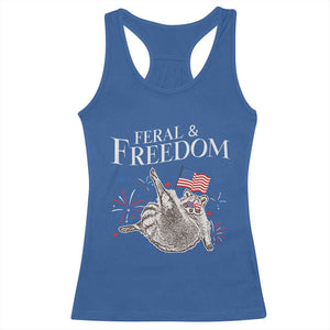Funny Feral And Free Racerback Tank Top 4th of July Patriotic Raccoon With American Flag TS11 Royal Blue Print Your Wear