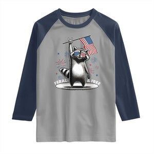 Funny Feral And Free Raglan Shirt 4th of July Patriotic Raccoon With American Flag Fireworks TS11 Sport Gray Navy Print Your Wear
