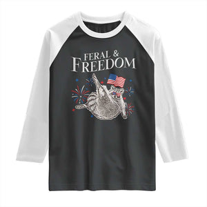 Funny Feral And Free Raglan Shirt 4th of July Patriotic Raccoon With American Flag TS11 Black White Print Your Wear