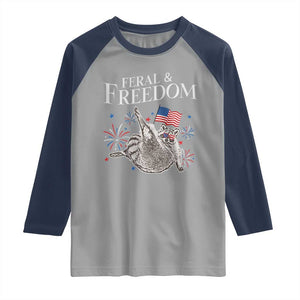 Funny Feral And Free Raglan Shirt 4th of July Patriotic Raccoon With American Flag TS11 Sport Gray Navy Print Your Wear