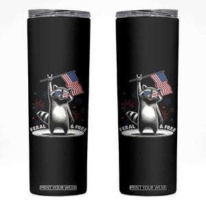 Funny Feral And Free Skinny Tumbler 4th of July Patriotic Raccoon With American Flag Fireworks TS11 Black Print Your Wear