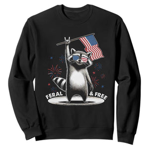 Funny Feral And Free Sweatshirt 4th of July Patriotic Raccoon With American Flag Fireworks TS11 Black Print Your Wear