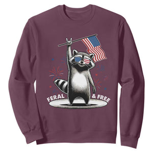 Funny Feral And Free Sweatshirt 4th of July Patriotic Raccoon With American Flag Fireworks TS11 Maroon Print Your Wear
