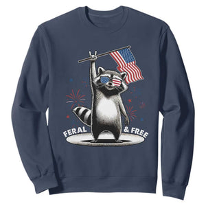 Funny Feral And Free Sweatshirt 4th of July Patriotic Raccoon With American Flag Fireworks TS11 Navy Print Your Wear