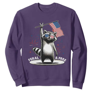 Funny Feral And Free Sweatshirt 4th of July Patriotic Raccoon With American Flag Fireworks TS11 Purple Print Your Wear