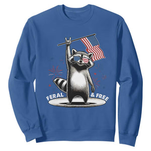 Funny Feral And Free Sweatshirt 4th of July Patriotic Raccoon With American Flag Fireworks TS11 Royal Blue Print Your Wear