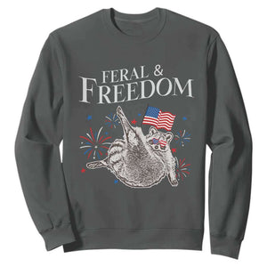 Funny Feral And Free Sweatshirt 4th of July Patriotic Raccoon With American Flag TS11 Dark Heather Print Your Wear