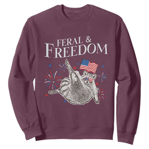 Funny Feral And Free Sweatshirt 4th of July Patriotic Raccoon With American Flag TS11 Maroon Print Your Wear