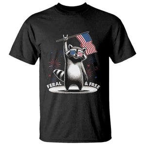 Funny Feral And Free T Shirt 4th of July Patriotic Raccoon With American Flag Fireworks TS11 Black Print Your Wear