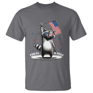 Funny Feral And Free T Shirt 4th of July Patriotic Raccoon With American Flag Fireworks TS11 Charcoal Print Your Wear