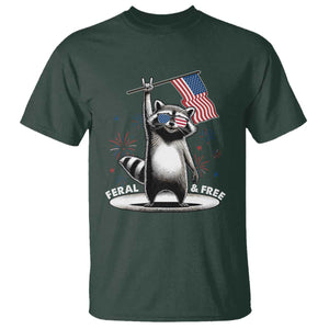 Funny Feral And Free T Shirt 4th of July Patriotic Raccoon With American Flag Fireworks TS11 Dark Forest Green Print Your Wear