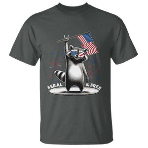 Funny Feral And Free T Shirt 4th of July Patriotic Raccoon With American Flag Fireworks TS11 Dark Heather Print Your Wear
