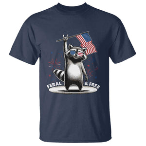 Funny Feral And Free T Shirt 4th of July Patriotic Raccoon With American Flag Fireworks TS11 Navy Print Your Wear
