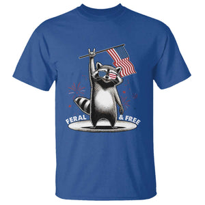 Funny Feral And Free T Shirt 4th of July Patriotic Raccoon With American Flag Fireworks TS11 Royal Blue Print Your Wear