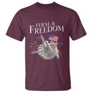 Funny Feral And Free T Shirt 4th of July Patriotic Raccoon With American Flag TS11 Maroon Print Your Wear