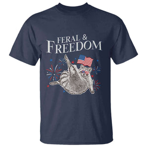 Funny Feral And Free T Shirt 4th of July Patriotic Raccoon With American Flag TS11 Navy Print Your Wear