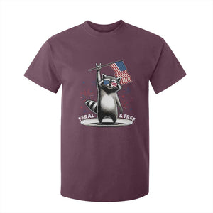 Funny Feral And Free T Shirt For Kid 4th of July Patriotic Raccoon With American Flag Fireworks TS11 Maroon Print Your Wear