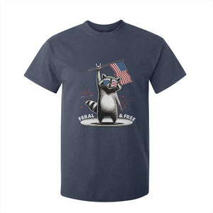 Funny Feral And Free T Shirt For Kid 4th of July Patriotic Raccoon With American Flag Fireworks TS11 Navy Print Your Wear
