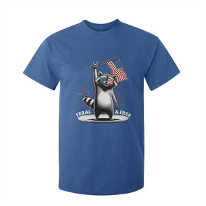 Funny Feral And Free T Shirt For Kid 4th of July Patriotic Raccoon With American Flag Fireworks TS11 Royal Blue Print Your Wear