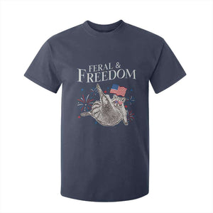 Funny Feral And Free T Shirt For Kid 4th of July Patriotic Raccoon With American Flag TS11 Navy Print Your Wear