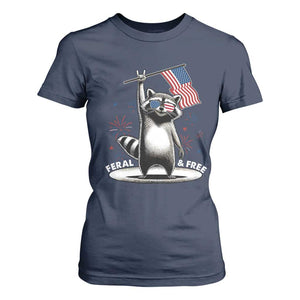 Funny Feral And Free T Shirt For Women 4th of July Patriotic Raccoon With American Flag Fireworks TS11 Navy Print Your Wear