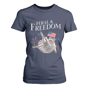 Funny Feral And Free T Shirt For Women 4th of July Patriotic Raccoon With American Flag TS11 Navy Print Your Wear