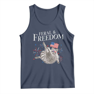 Funny Feral And Free Tank Top 4th of July Patriotic Raccoon With American Flag TS11 Navy Print Your Wear