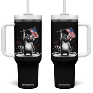 Funny Feral And Free Tumbler With Handle 4th of July Patriotic Raccoon With American Flag Fireworks TS11 One Size: 40 oz Black Print Your Wear