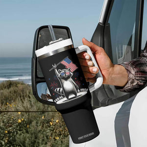 Funny Feral And Free Tumbler With Handle 4th of July Patriotic Raccoon With American Flag Fireworks TS11 Print Your Wear