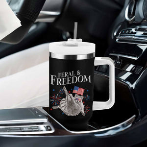 Funny Feral And Free Tumbler With Handle 4th of July Patriotic Raccoon With American Flag TS11 Print Your Wear
