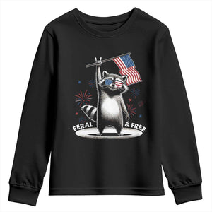 Funny Feral And Free Youth Sweatshirt 4th of July Patriotic Raccoon With American Flag Fireworks TS11 Black Print Your Wear