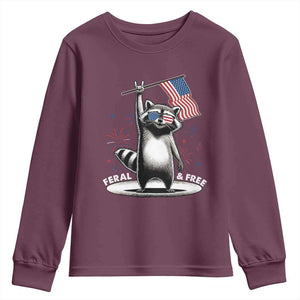 Funny Feral And Free Youth Sweatshirt 4th of July Patriotic Raccoon With American Flag Fireworks TS11 Maroon Print Your Wear