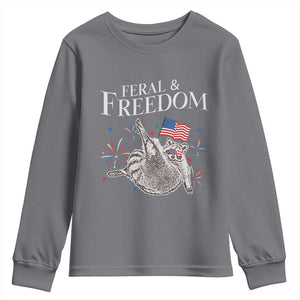 Funny Feral And Free Youth Sweatshirt 4th of July Patriotic Raccoon With American Flag TS11 Charcoal Print Your Wear