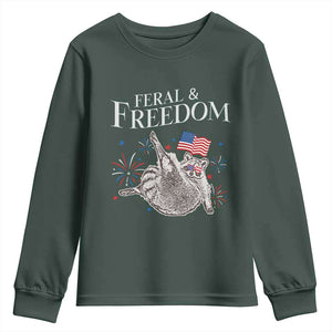 Funny Feral And Free Youth Sweatshirt 4th of July Patriotic Raccoon With American Flag TS11 Dark Forest Green Print Your Wear