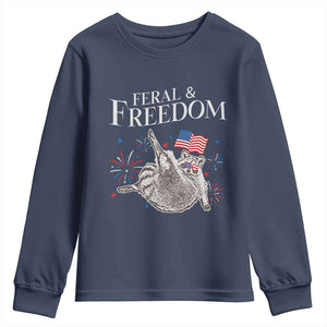Funny Feral And Free Youth Sweatshirt 4th of July Patriotic Raccoon With American Flag TS11 Navy Print Your Wear