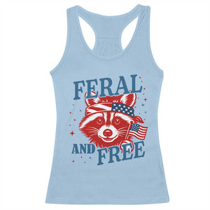Funny Feral and Free Raccoon Racerback Tank Top Patriotic Bandana Animal 4th of July US Flag TS02 Light Blue Print Your Wear