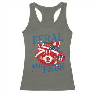 Funny Feral and Free Raccoon Racerback Tank Top Patriotic Bandana Animal 4th of July US Flag TS02 Military Green Print Your Wear