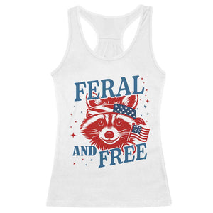 Funny Feral and Free Raccoon Racerback Tank Top Patriotic Bandana Animal 4th of July US Flag TS02 White Print Your Wear